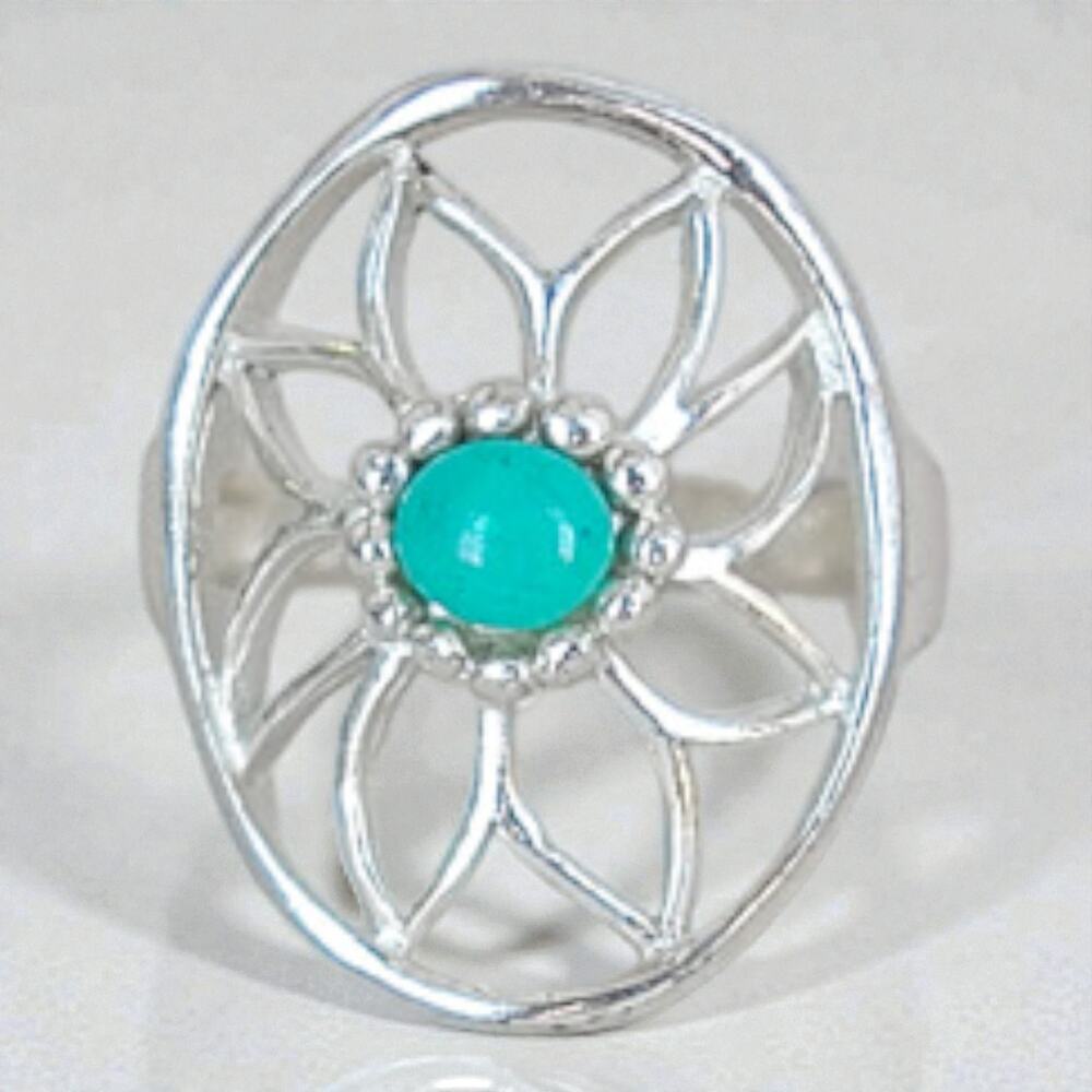 Vintage 925 Sterling Silver Turquoise Sunflower Flower Ring Southwest Size 5.5